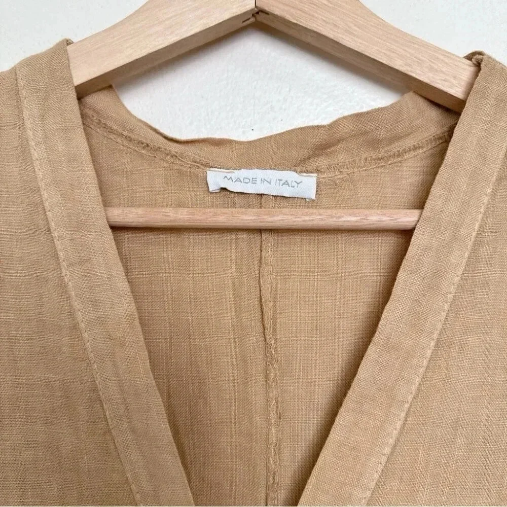 Made  In Italy Womens Medium Linen Vneck Button Tan Romper - Picture 9 of 13